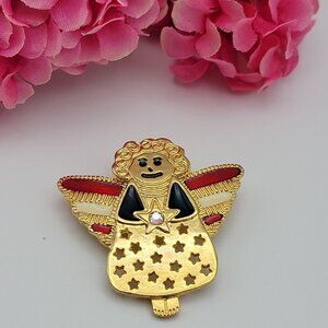 Vtg. USA Patriotic Angel Brooch Gold Tone Multicolor Enamel Signed NEWPRO 1.75"